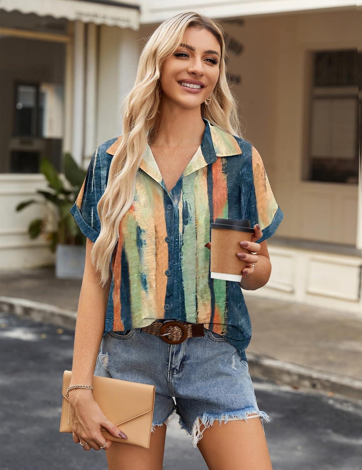 imageZeagoo Short Sleeve Summer Tops for Women Casual Button Down Shirts SolidStriped Business Work BlousesCx289