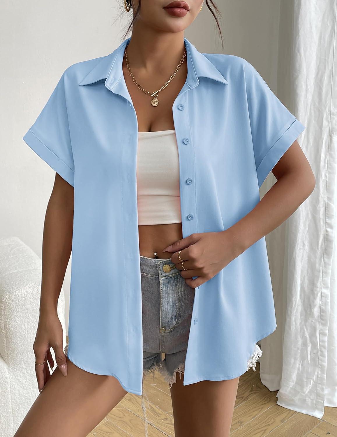 imageZeagoo Short Sleeve Summer Tops for Women Casual Button Down Shirts SolidStriped Business Work BlousesLight Blue