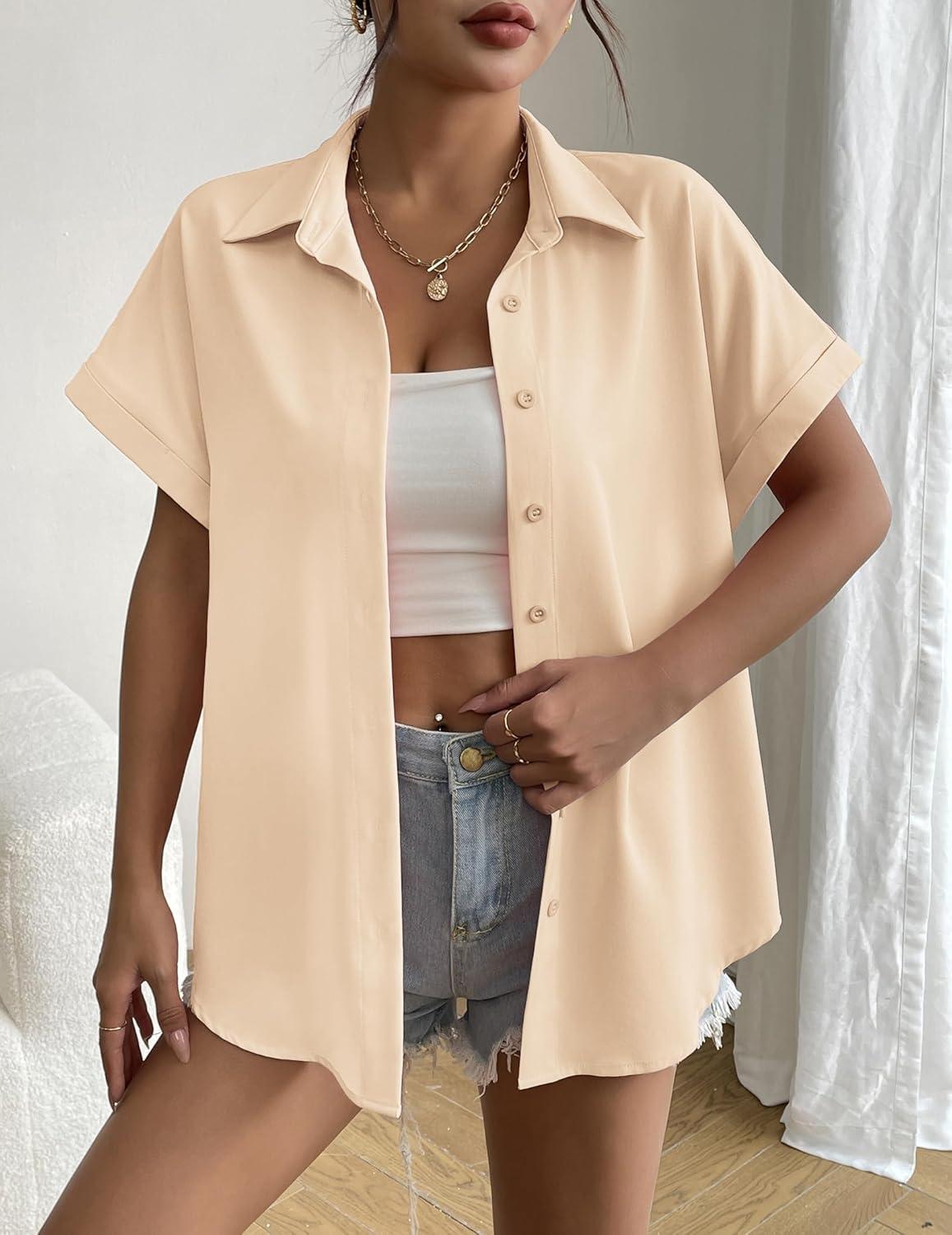 imageZeagoo Short Sleeve Summer Tops for Women Casual Button Down Shirts SolidStriped Business Work BlousesLight Khaki
