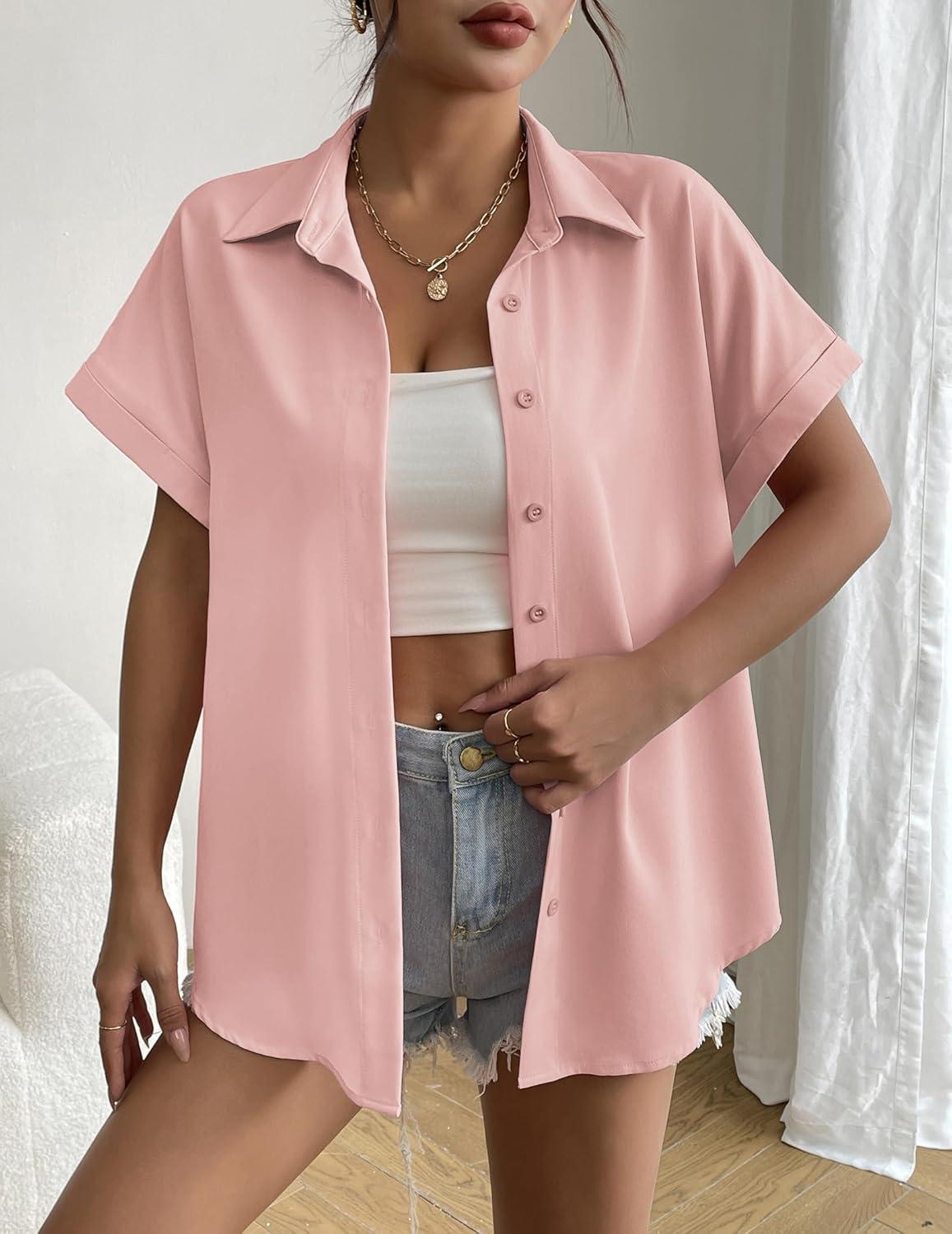 imageZeagoo Short Sleeve Summer Tops for Women Casual Button Down Shirts SolidStriped Business Work BlousesPink