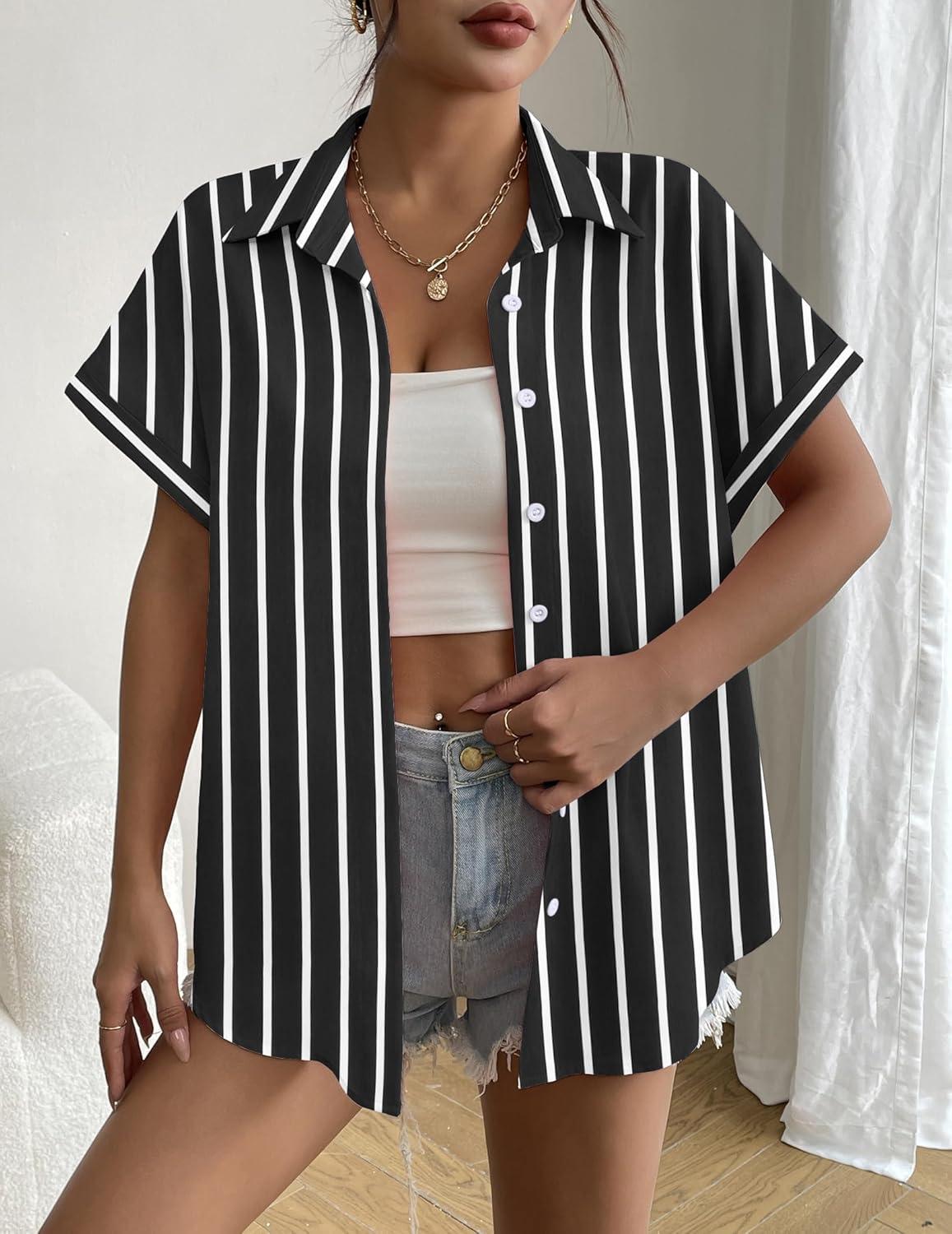 imageZeagoo Short Sleeve Summer Tops for Women Casual Button Down Shirts SolidStriped Business Work BlousesTw635