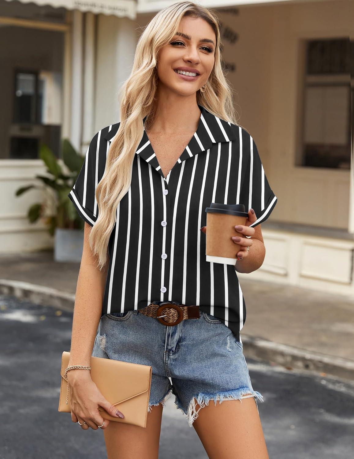 imageZeagoo Short Sleeve Summer Tops for Women Casual Button Down Shirts SolidStriped Business Work BlousesTw635