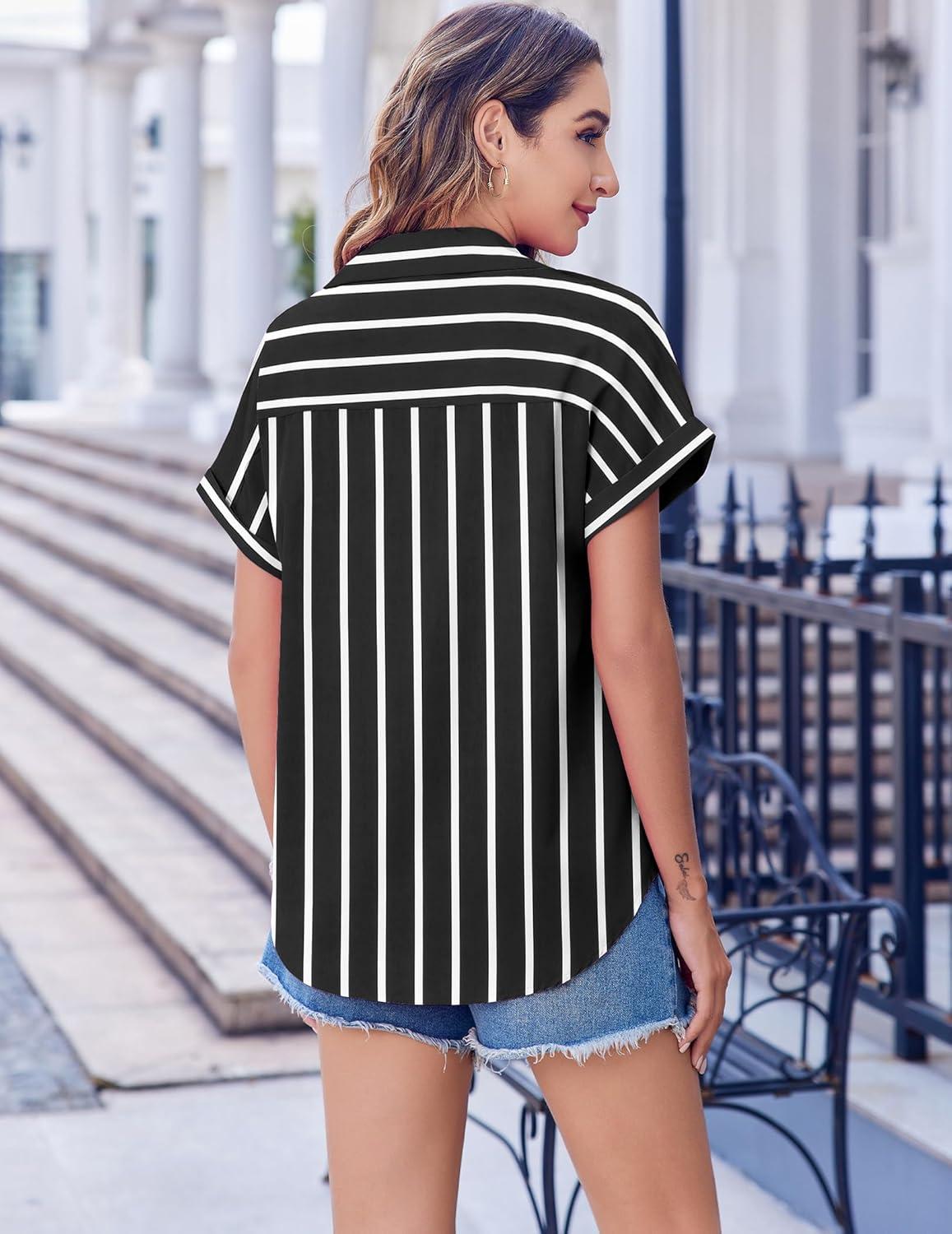imageZeagoo Short Sleeve Summer Tops for Women Casual Button Down Shirts SolidStriped Business Work BlousesTw635