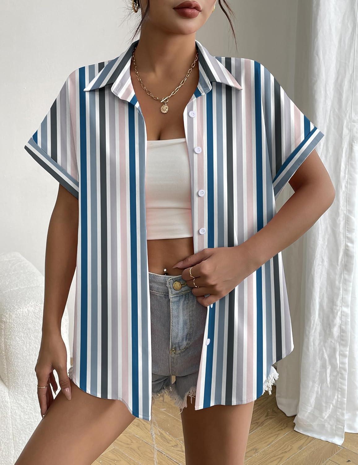 imageZeagoo Short Sleeve Summer Tops for Women Casual Button Down Shirts SolidStriped Business Work BlousesTw721