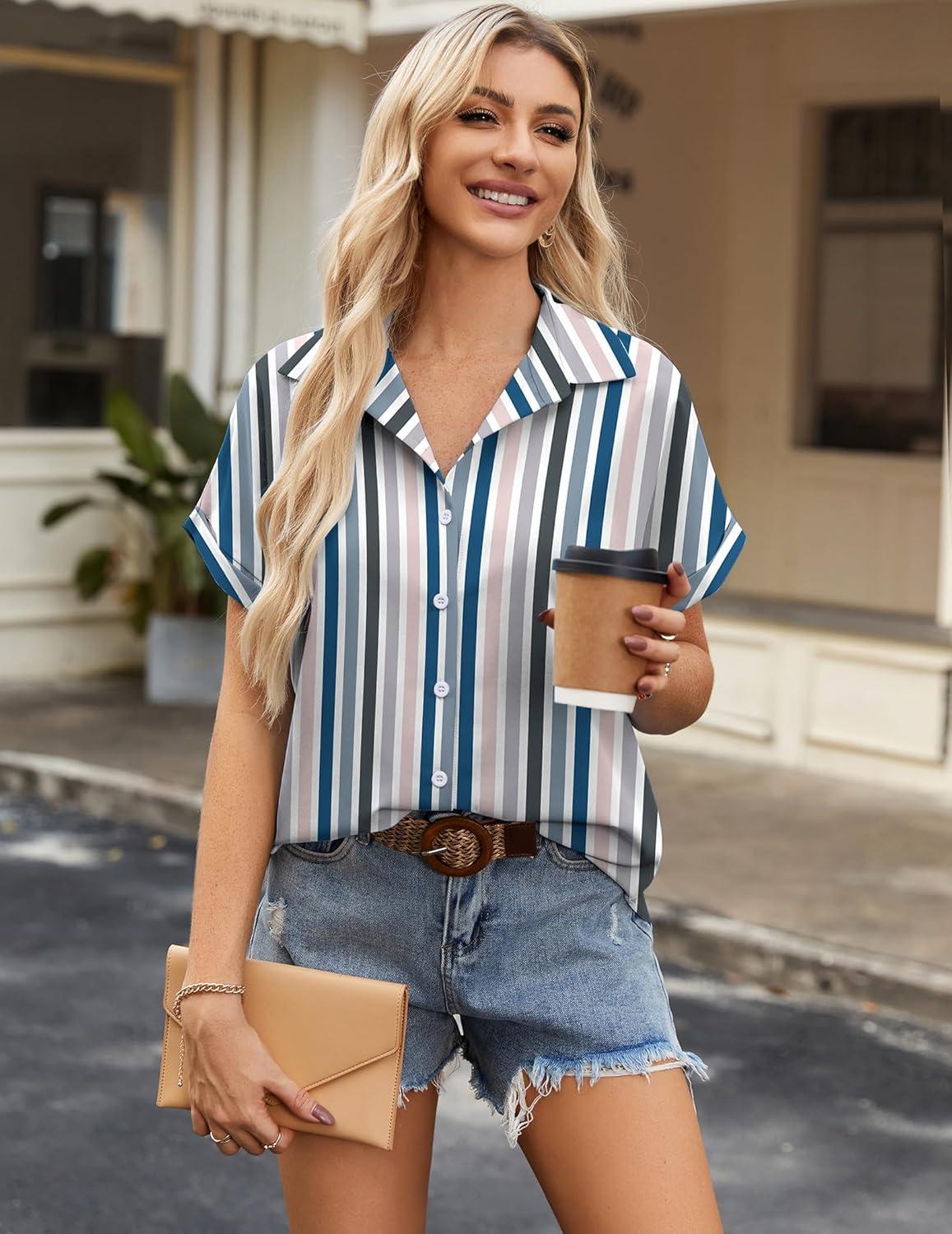imageZeagoo Short Sleeve Summer Tops for Women Casual Button Down Shirts SolidStriped Business Work BlousesTw721