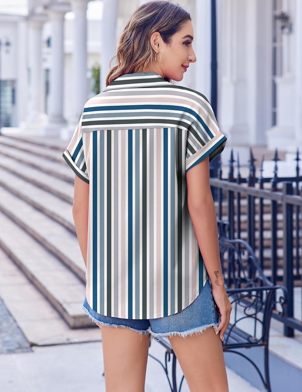 imageZeagoo Short Sleeve Summer Tops for Women Casual Button Down Shirts SolidStriped Business Work BlousesTw721