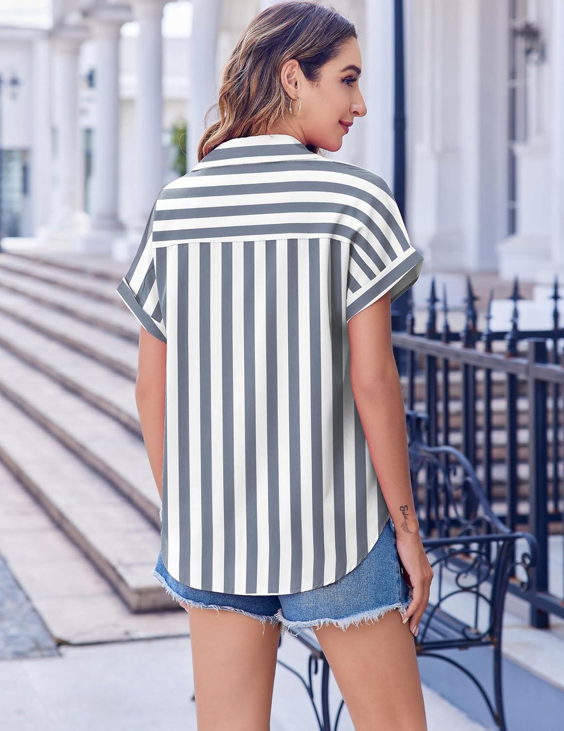 imageZeagoo Short Sleeve Summer Tops for Women Casual Button Down Shirts SolidStriped Business Work BlousesTw775