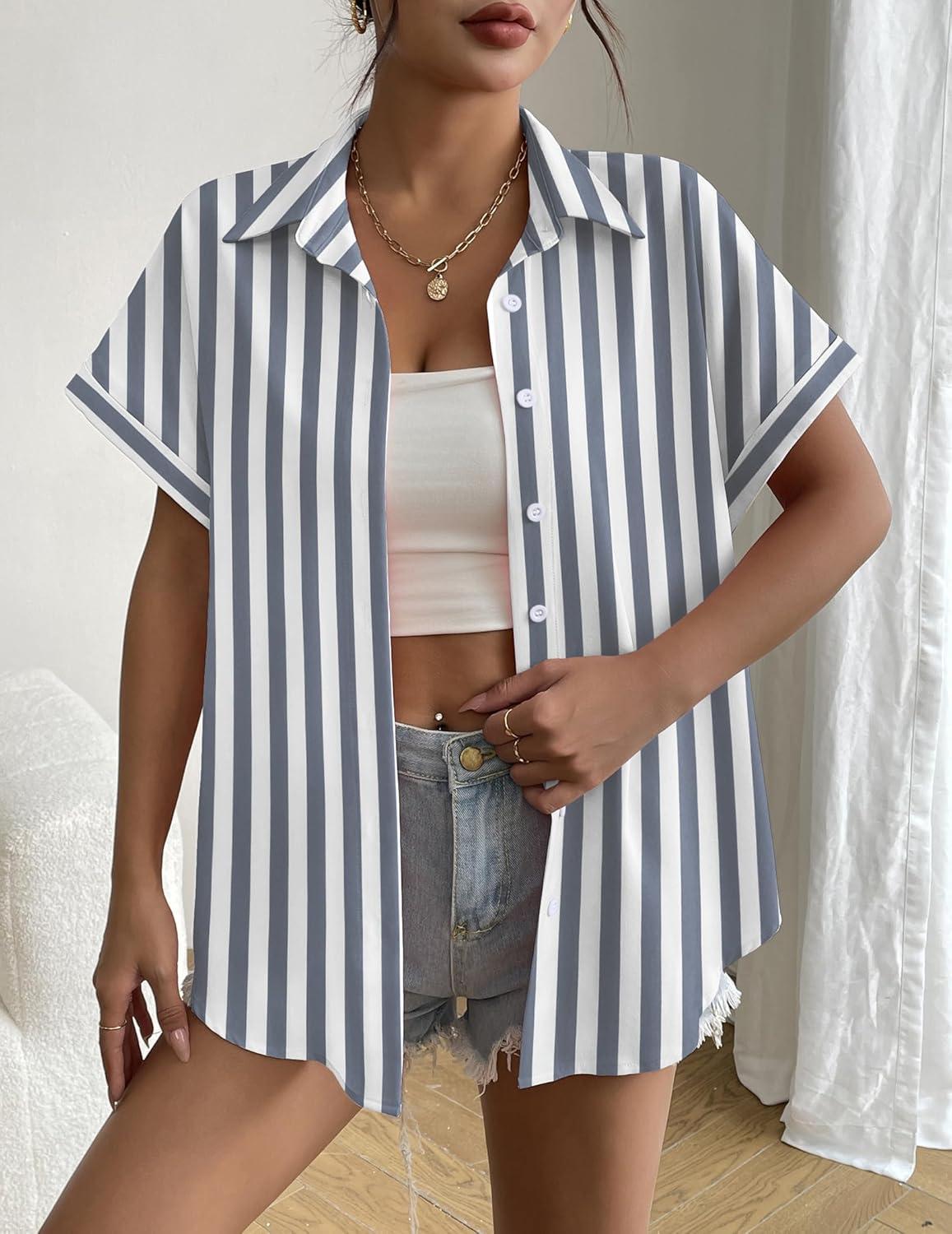 imageZeagoo Short Sleeve Summer Tops for Women Casual Button Down Shirts SolidStriped Business Work BlousesTw775