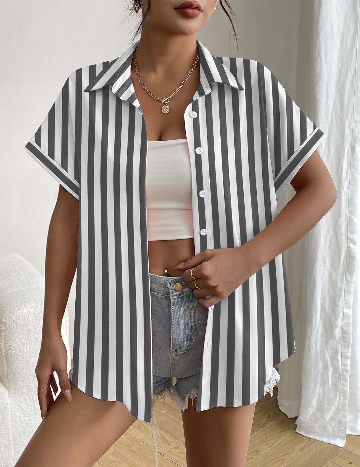 imageZeagoo Short Sleeve Summer Tops for Women Casual Button Down Shirts SolidStriped Business Work BlousesTw776