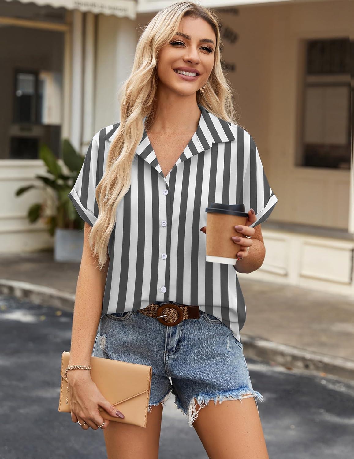 imageZeagoo Short Sleeve Summer Tops for Women Casual Button Down Shirts SolidStriped Business Work BlousesTw776