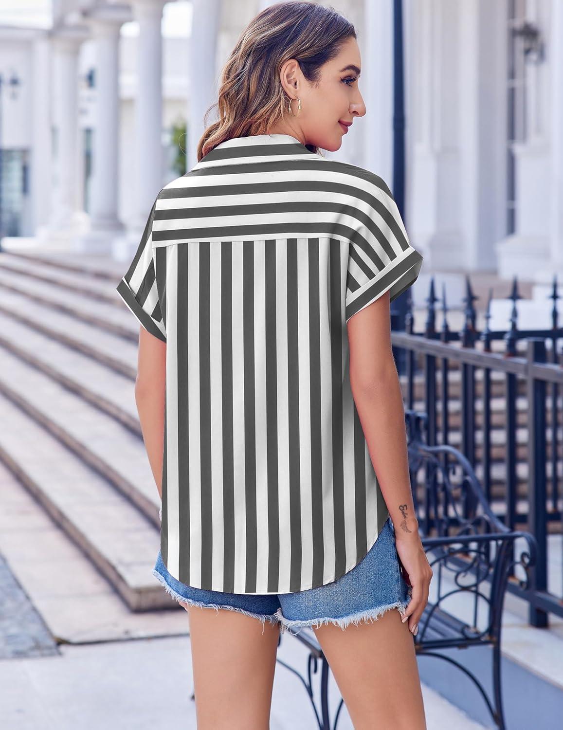 imageZeagoo Short Sleeve Summer Tops for Women Casual Button Down Shirts SolidStriped Business Work BlousesTw776