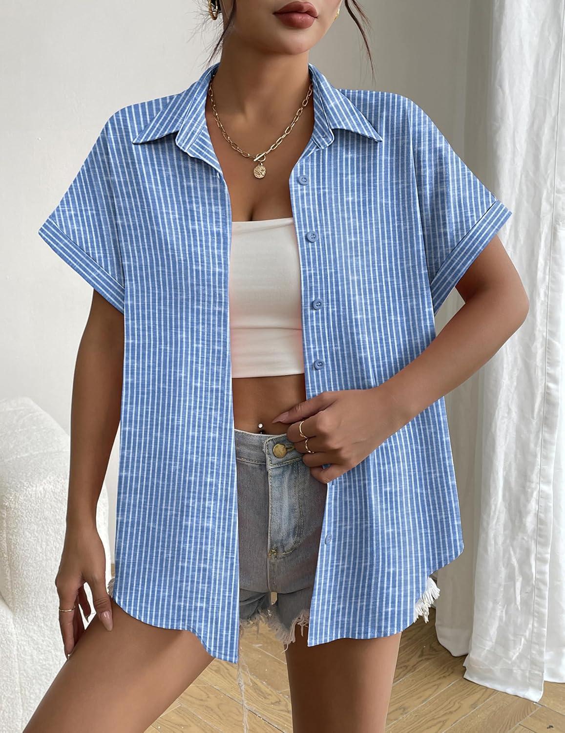 imageZeagoo Short Sleeve Summer Tops for Women Casual Button Down Shirts SolidStriped Business Work BlousesTz273