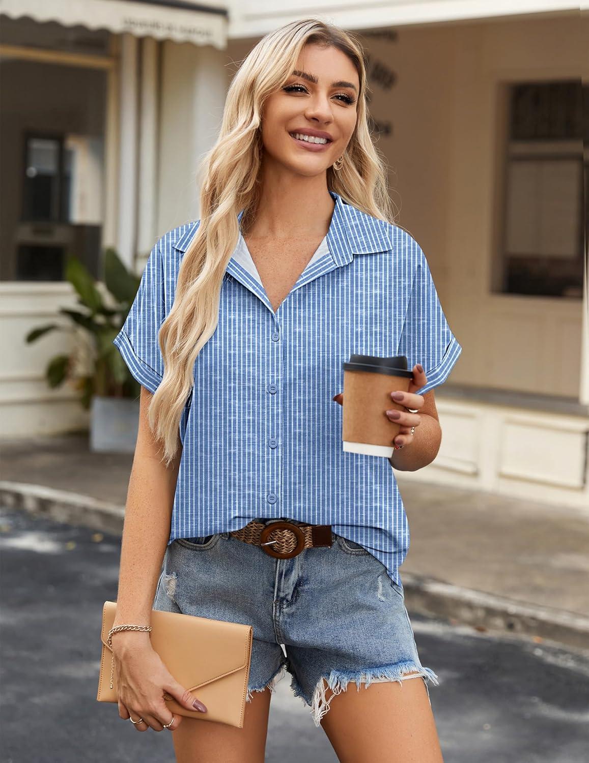 imageZeagoo Short Sleeve Summer Tops for Women Casual Button Down Shirts SolidStriped Business Work BlousesTz273
