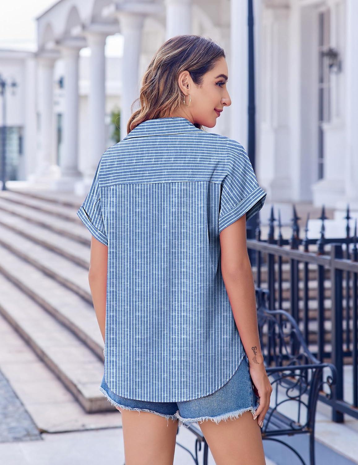 imageZeagoo Short Sleeve Summer Tops for Women Casual Button Down Shirts SolidStriped Business Work BlousesTz273