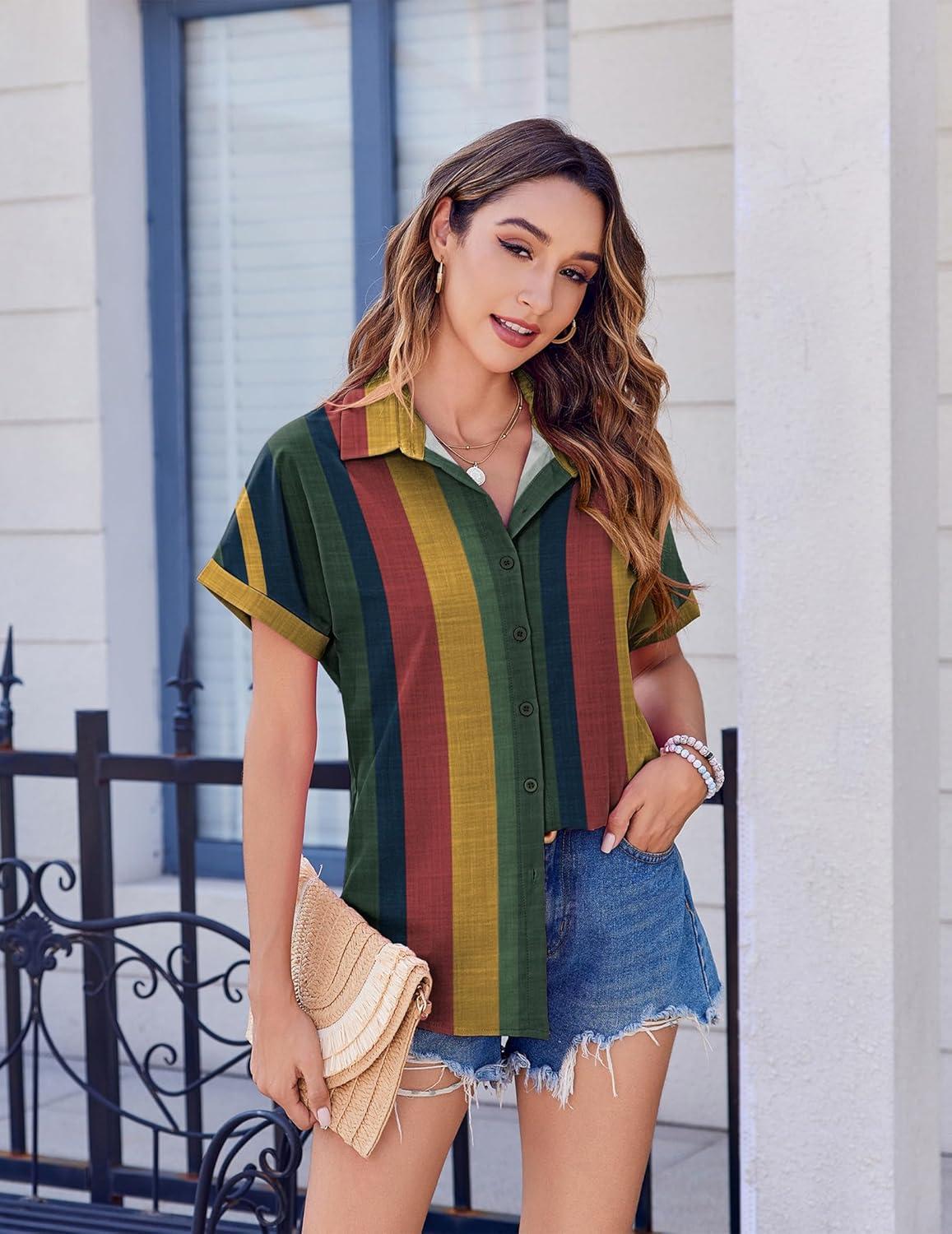 imageZeagoo Short Sleeve Summer Tops for Women Casual Button Down Shirts SolidStriped Business Work BlousesTz275