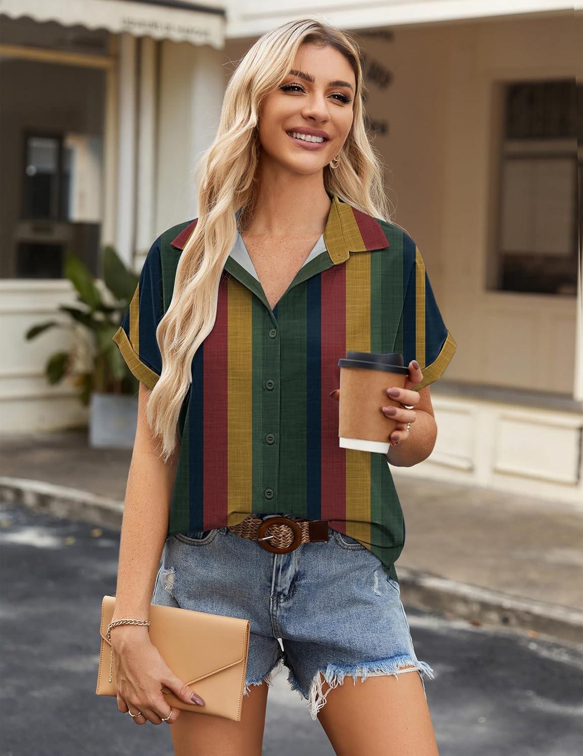imageZeagoo Short Sleeve Summer Tops for Women Casual Button Down Shirts SolidStriped Business Work BlousesTz275