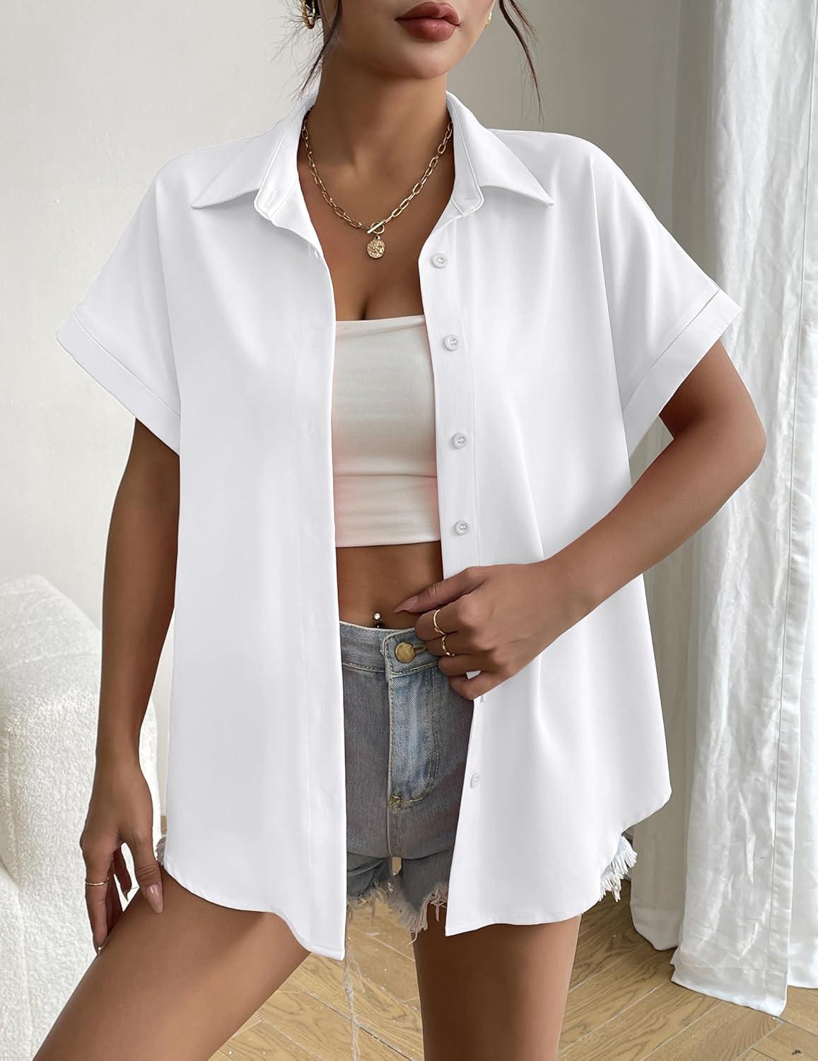imageZeagoo Short Sleeve Summer Tops for Women Casual Button Down Shirts SolidStriped Business Work BlousesWhite