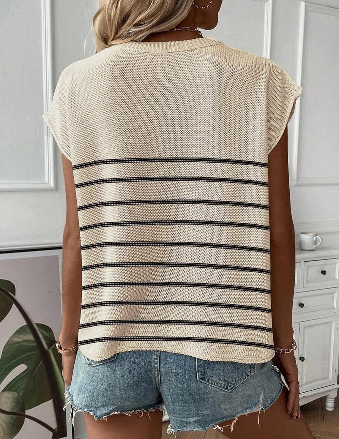 imageZeagoo Sleeveless Tops for Women Crew Neck Knit Cute Summer Sweaters Stripes Cream XLarge