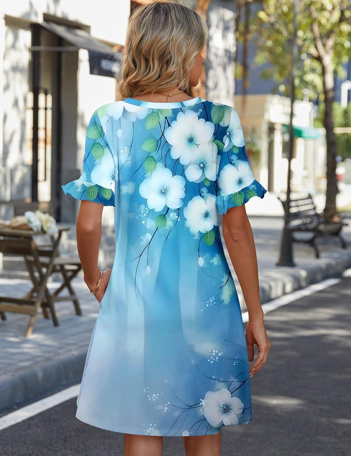 imageZeagoo Summer Casual Dresses for Women A Line Sun Dress Ruffle Short Sleeve V Neck Floral Tshirt Dress with PocketsBlue White Floral