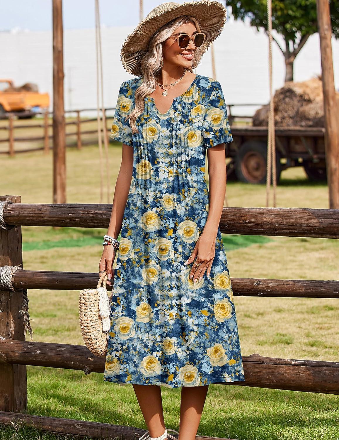 imageZeagoo Summer Dresses for Women 2026 Casual Short Sleeve Aline Midi Dress with Pocket Flowy Pleated Tshirt Beach SundressWf139