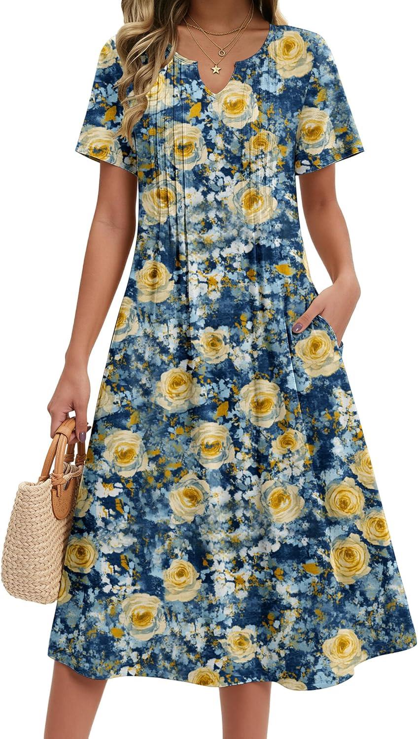 imageZeagoo Summer Dresses for Women 2026 Casual Short Sleeve Aline Midi Dress with Pocket Flowy Pleated Tshirt Beach SundressWf139