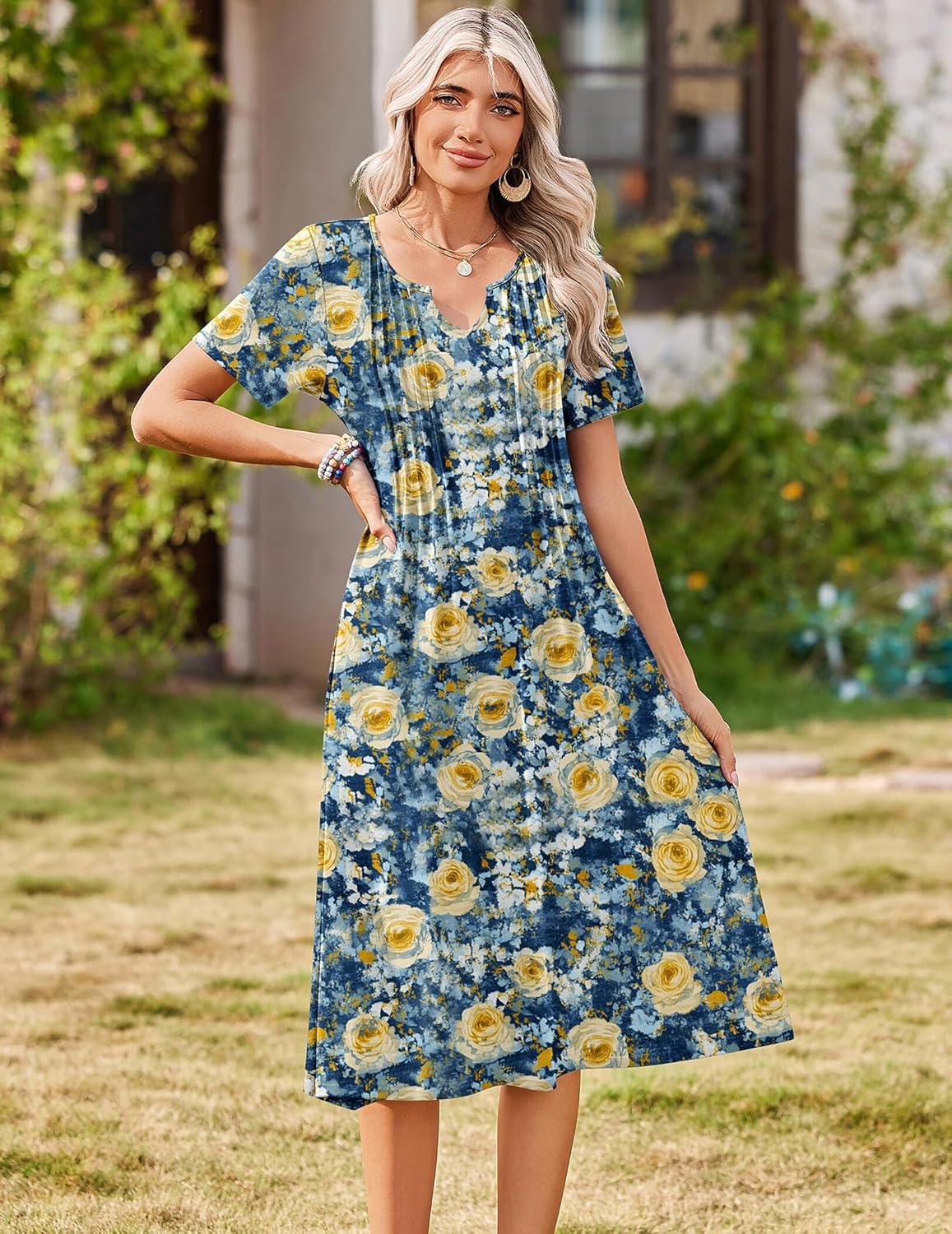 imageZeagoo Summer Dresses for Women 2026 Casual Short Sleeve Aline Midi Dress with Pocket Flowy Pleated Tshirt Beach SundressWf139