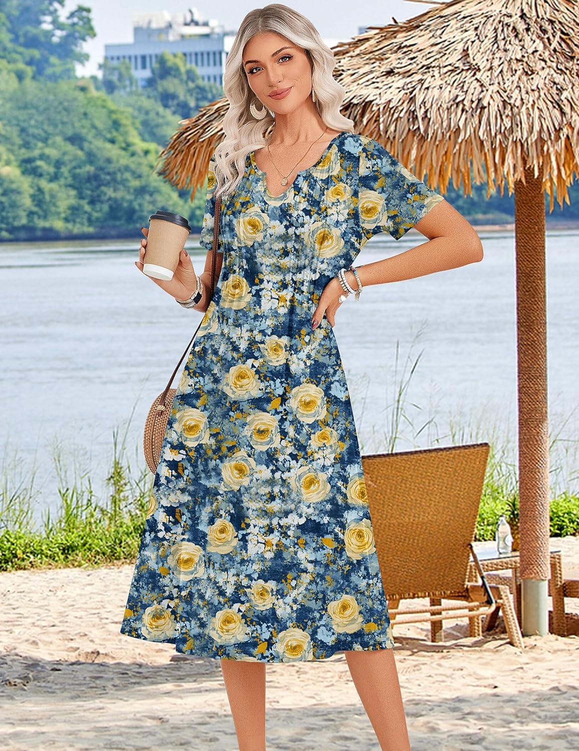 imageZeagoo Summer Dresses for Women 2026 Casual Short Sleeve Aline Midi Dress with Pocket Flowy Pleated Tshirt Beach SundressWf139