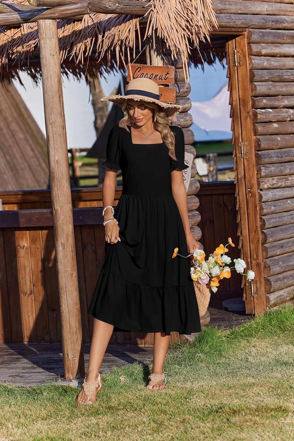 imageZeagoo Summer Dresses for Women Flowy Casual Midi Dress Short Sleeve Tiered Dress Beach Vacation Sundresses with PocketsBlack