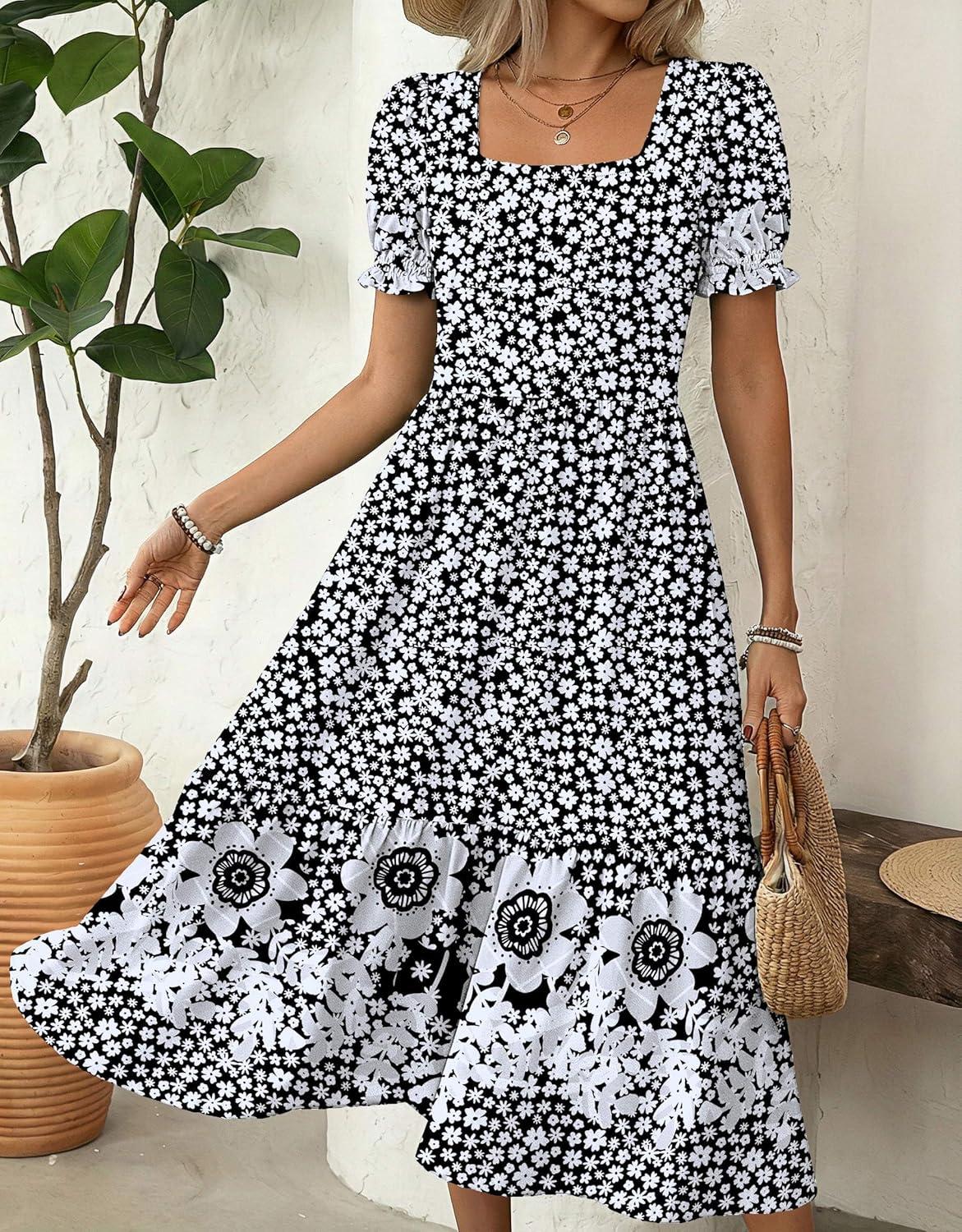 imageZeagoo Summer Dresses for Women Flowy Casual Midi Dress Short Sleeve Tiered Dress Beach Vacation Sundresses with PocketsBlack Floral