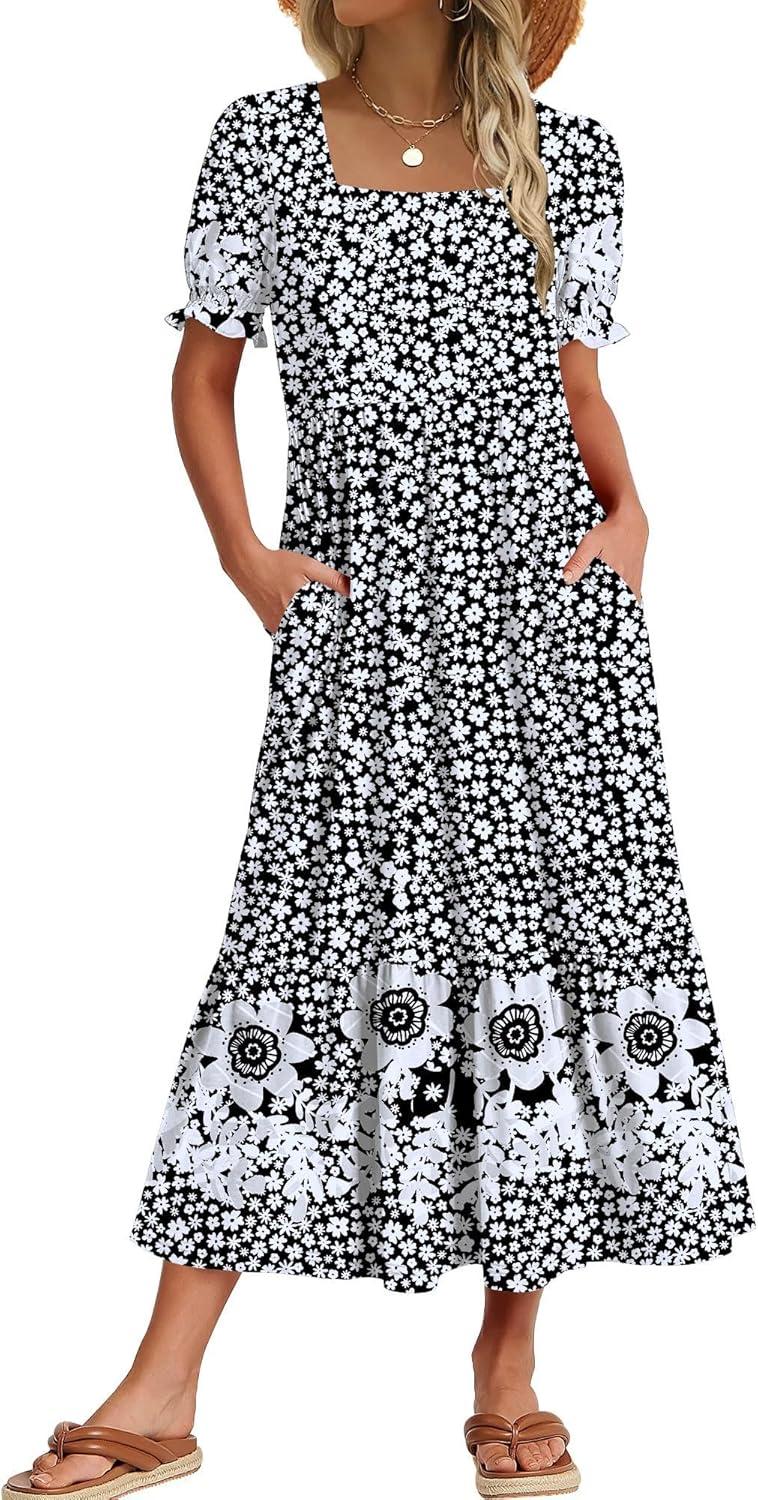 imageZeagoo Summer Dresses for Women Flowy Casual Midi Dress Short Sleeve Tiered Dress Beach Vacation Sundresses with PocketsBlack Floral