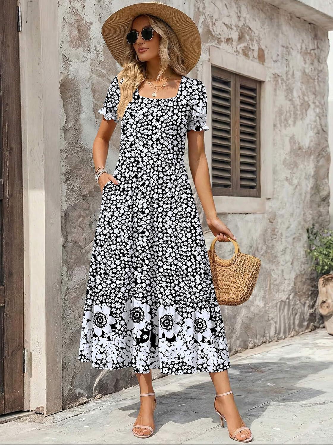 imageZeagoo Summer Dresses for Women Flowy Casual Midi Dress Short Sleeve Tiered Dress Beach Vacation Sundresses with PocketsBlack Floral