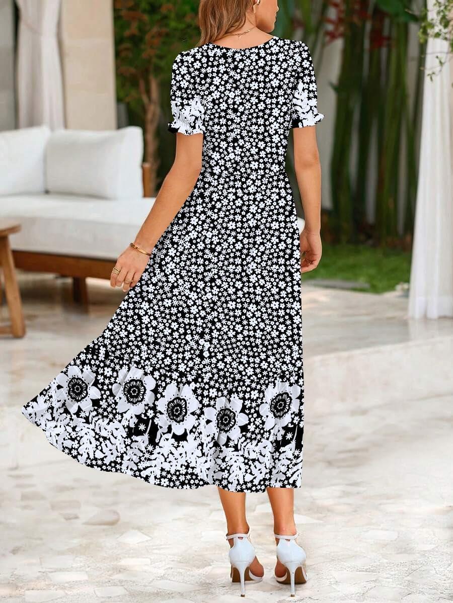 imageZeagoo Summer Dresses for Women Flowy Casual Midi Dress Short Sleeve Tiered Dress Beach Vacation Sundresses with PocketsBlack Floral