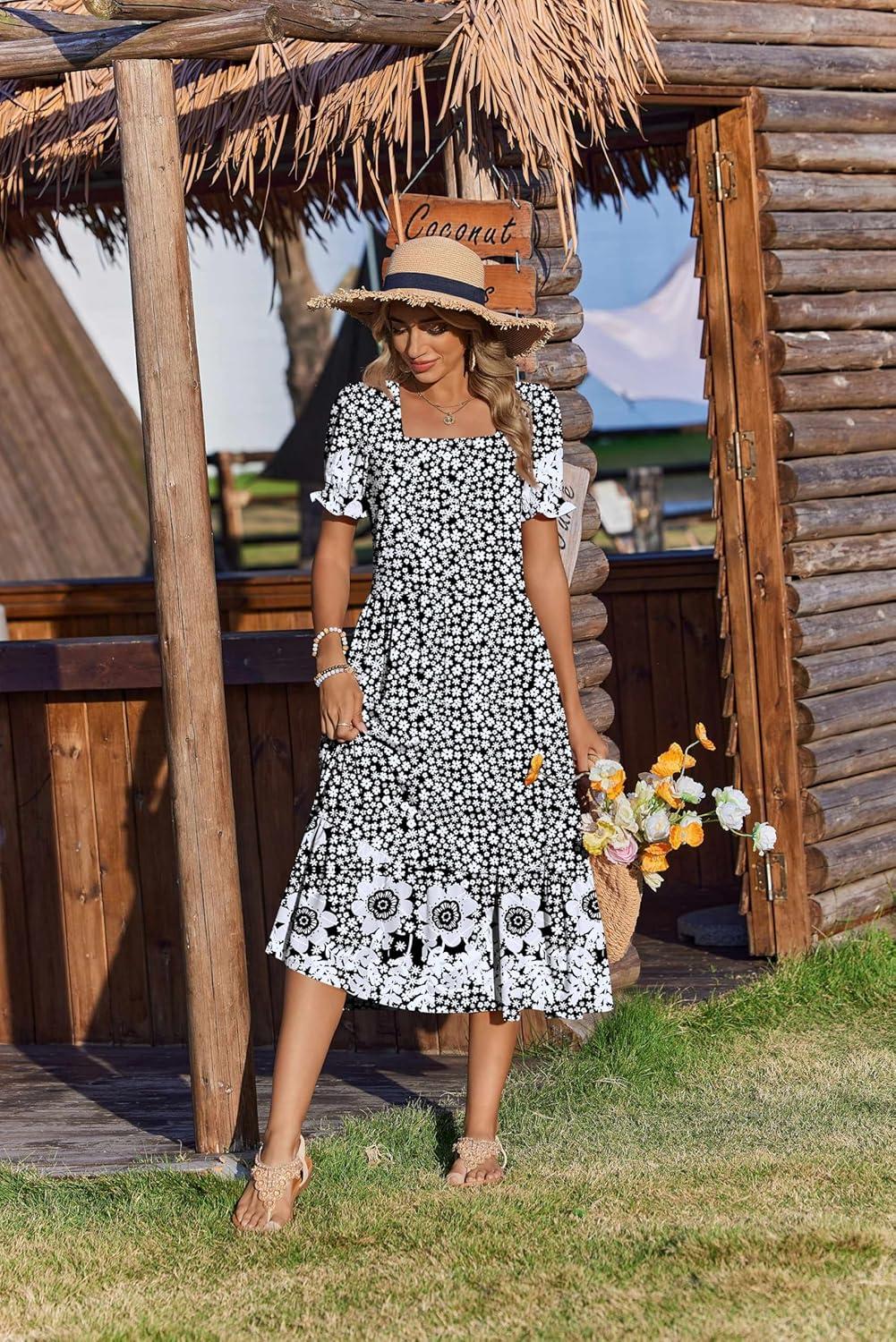 imageZeagoo Summer Dresses for Women Flowy Casual Midi Dress Short Sleeve Tiered Dress Beach Vacation Sundresses with PocketsBlack Floral