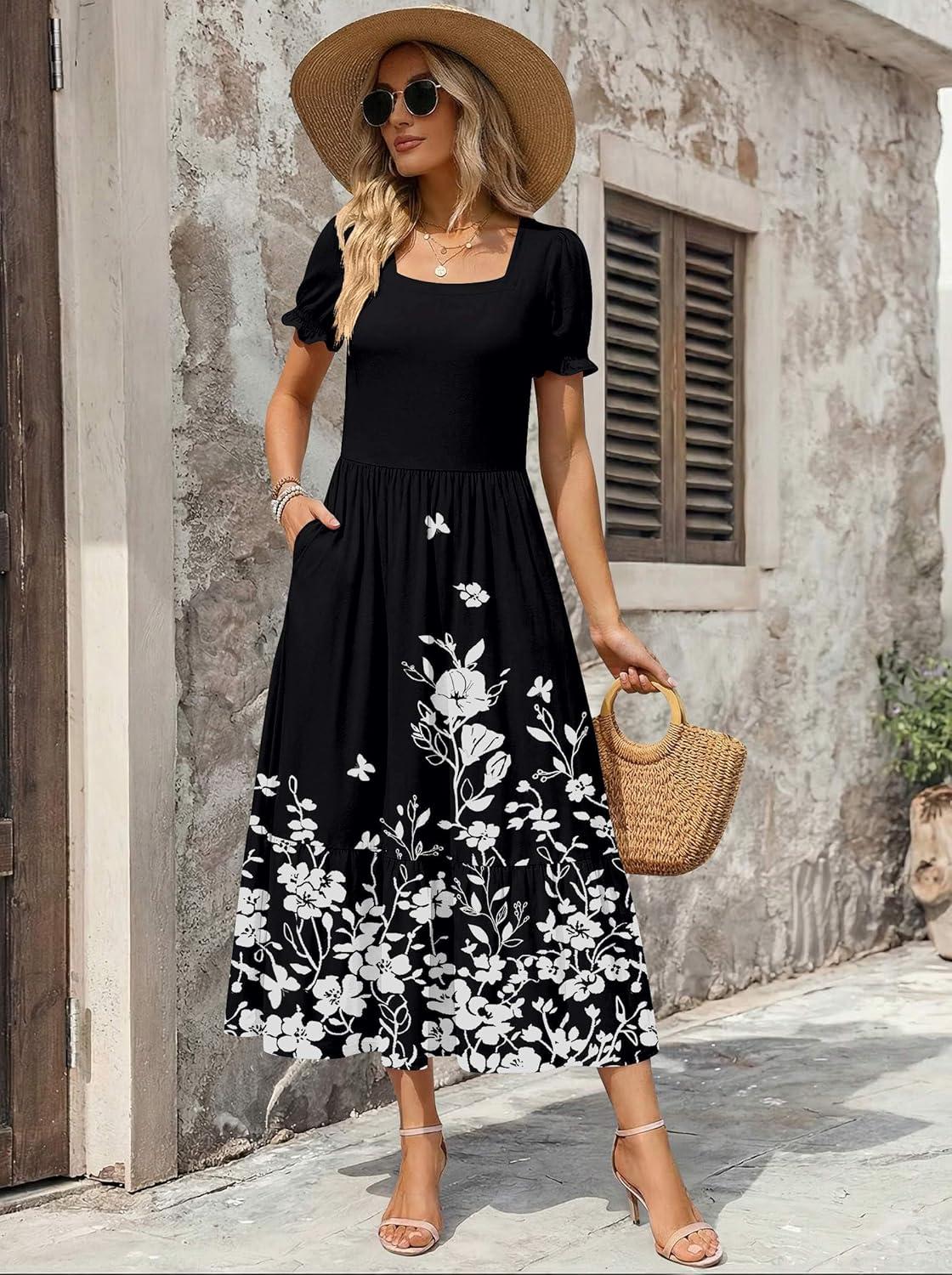 imageZeagoo Summer Dresses for Women Flowy Casual Midi Dress Short Sleeve Tiered Dress Beach Vacation Sundresses with PocketsBlack White Floral