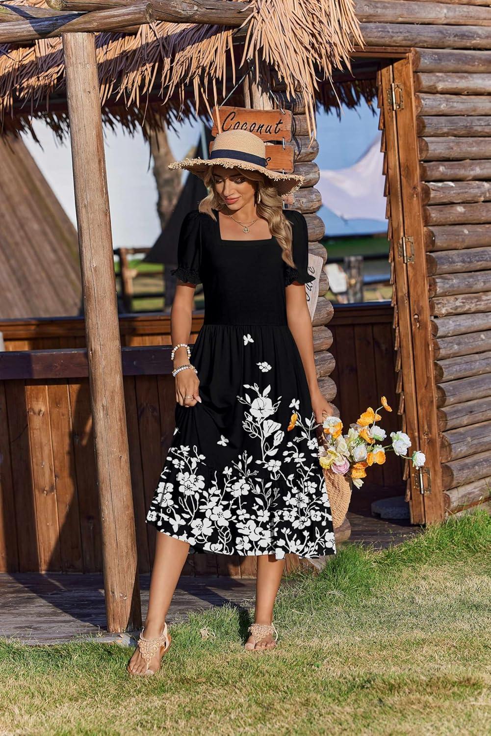 imageZeagoo Summer Dresses for Women Flowy Casual Midi Dress Short Sleeve Tiered Dress Beach Vacation Sundresses with PocketsBlack White Floral