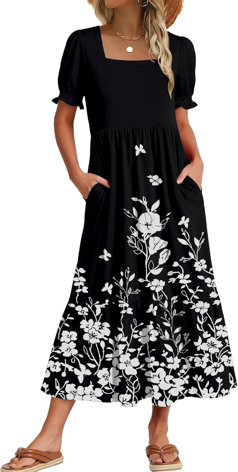 imageZeagoo Summer Dresses for Women Flowy Casual Midi Dress Short Sleeve Tiered Dress Beach Vacation Sundresses with PocketsBlack White Floral