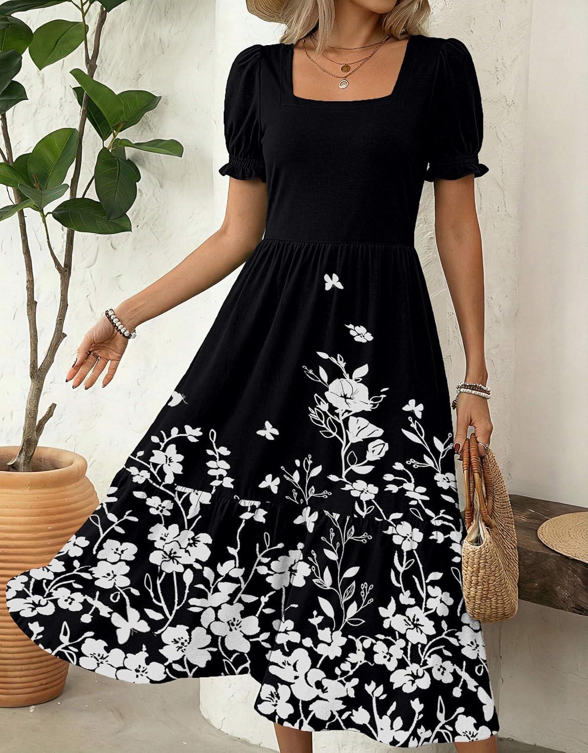 imageZeagoo Summer Dresses for Women Flowy Casual Midi Dress Short Sleeve Tiered Dress Beach Vacation Sundresses with PocketsBlack White Floral