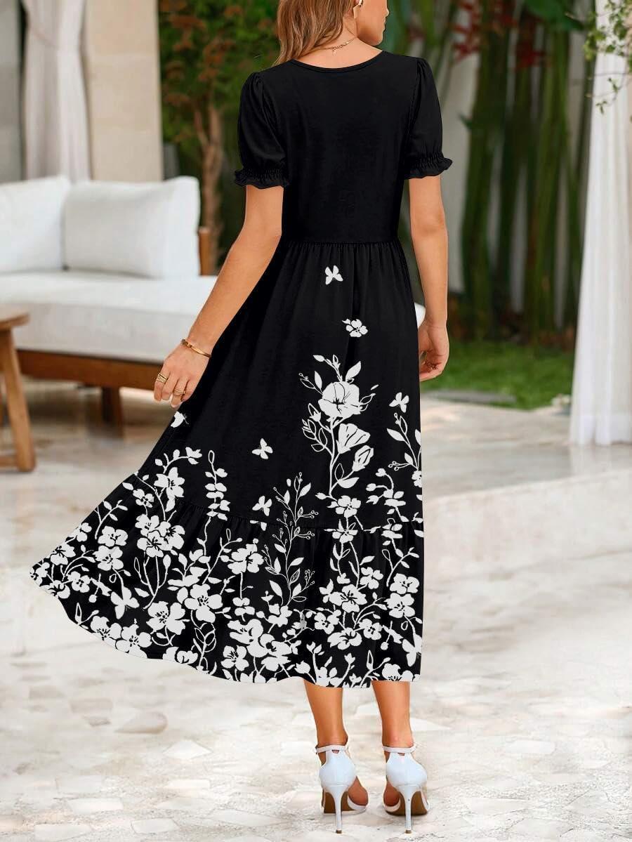 imageZeagoo Summer Dresses for Women Flowy Casual Midi Dress Short Sleeve Tiered Dress Beach Vacation Sundresses with PocketsBlack White Floral