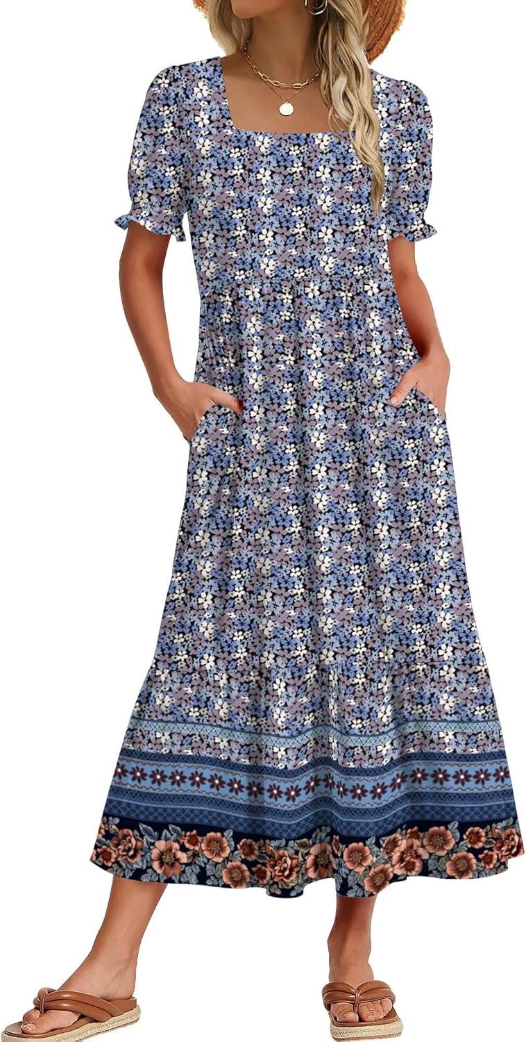 imageZeagoo Summer Dresses for Women Flowy Casual Midi Dress Short Sleeve Tiered Dress Beach Vacation Sundresses with PocketsFloral3