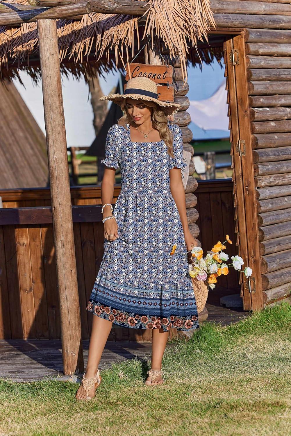 imageZeagoo Summer Dresses for Women Flowy Casual Midi Dress Short Sleeve Tiered Dress Beach Vacation Sundresses with PocketsFloral3