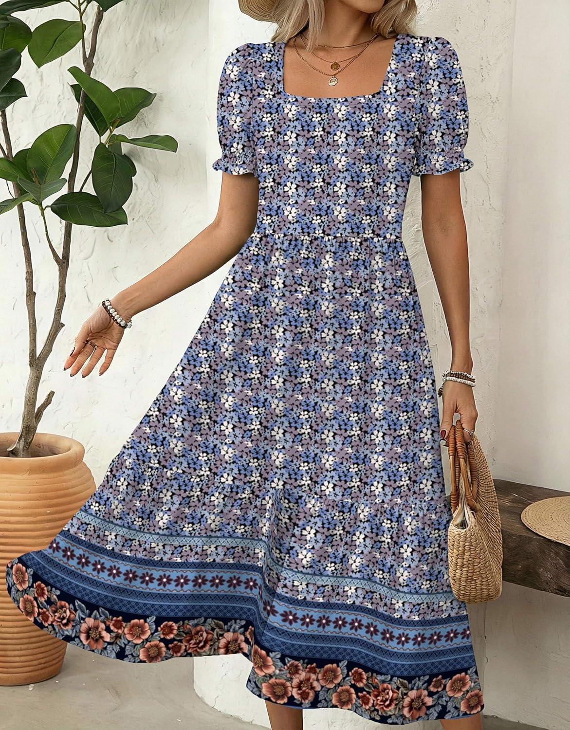 imageZeagoo Summer Dresses for Women Flowy Casual Midi Dress Short Sleeve Tiered Dress Beach Vacation Sundresses with PocketsFloral3