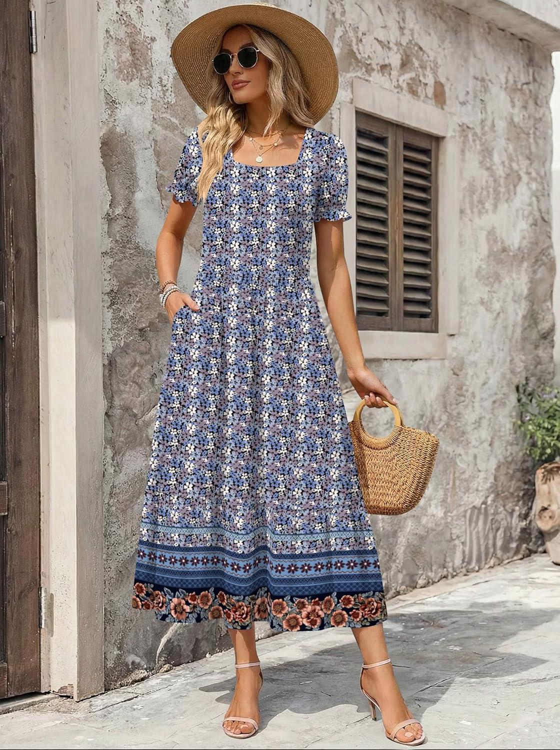 imageZeagoo Summer Dresses for Women Flowy Casual Midi Dress Short Sleeve Tiered Dress Beach Vacation Sundresses with PocketsFloral3