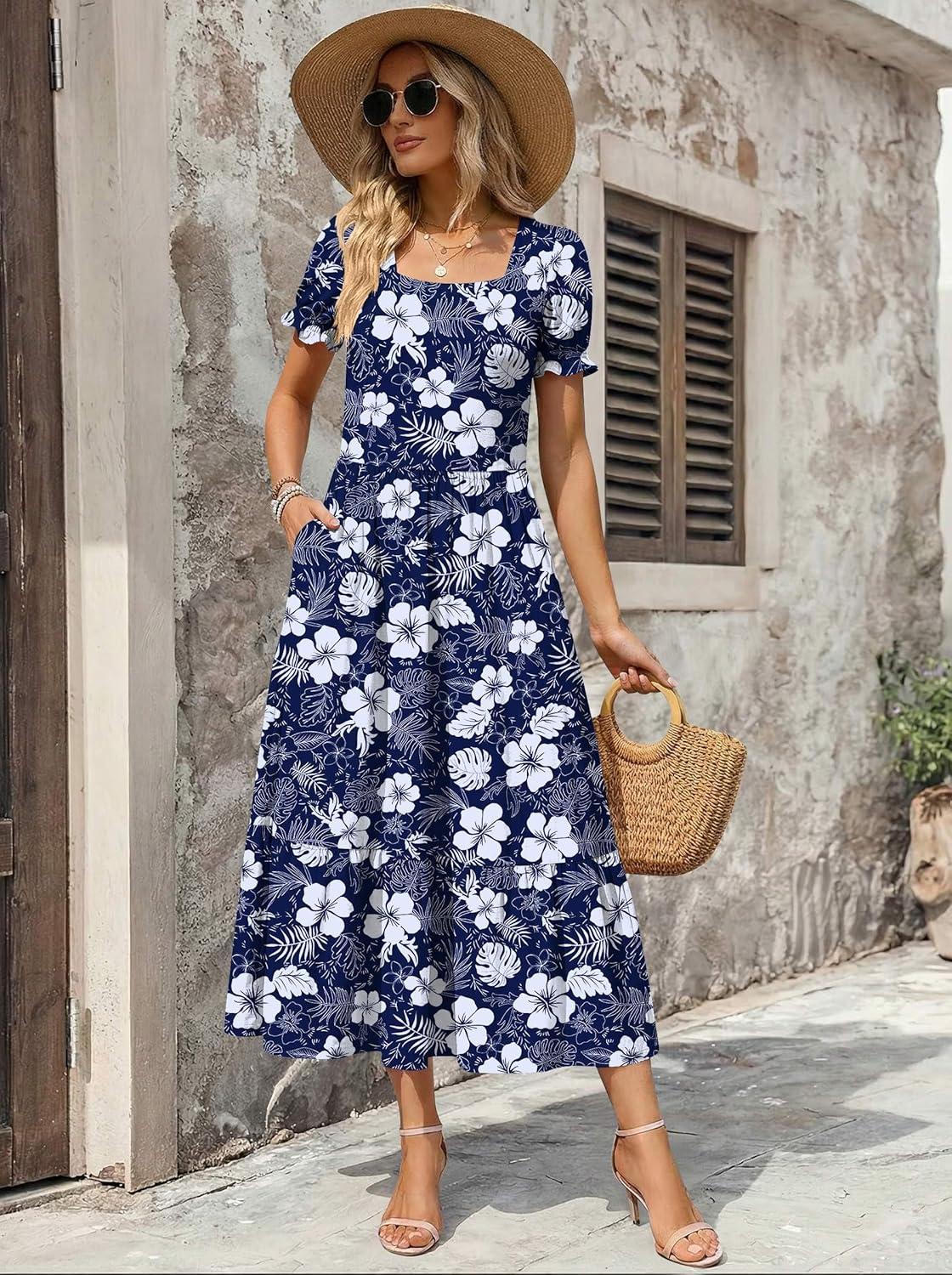 imageZeagoo Summer Dresses for Women Flowy Casual Midi Dress Short Sleeve Tiered Dress Beach Vacation Sundresses with PocketsFloralprinted