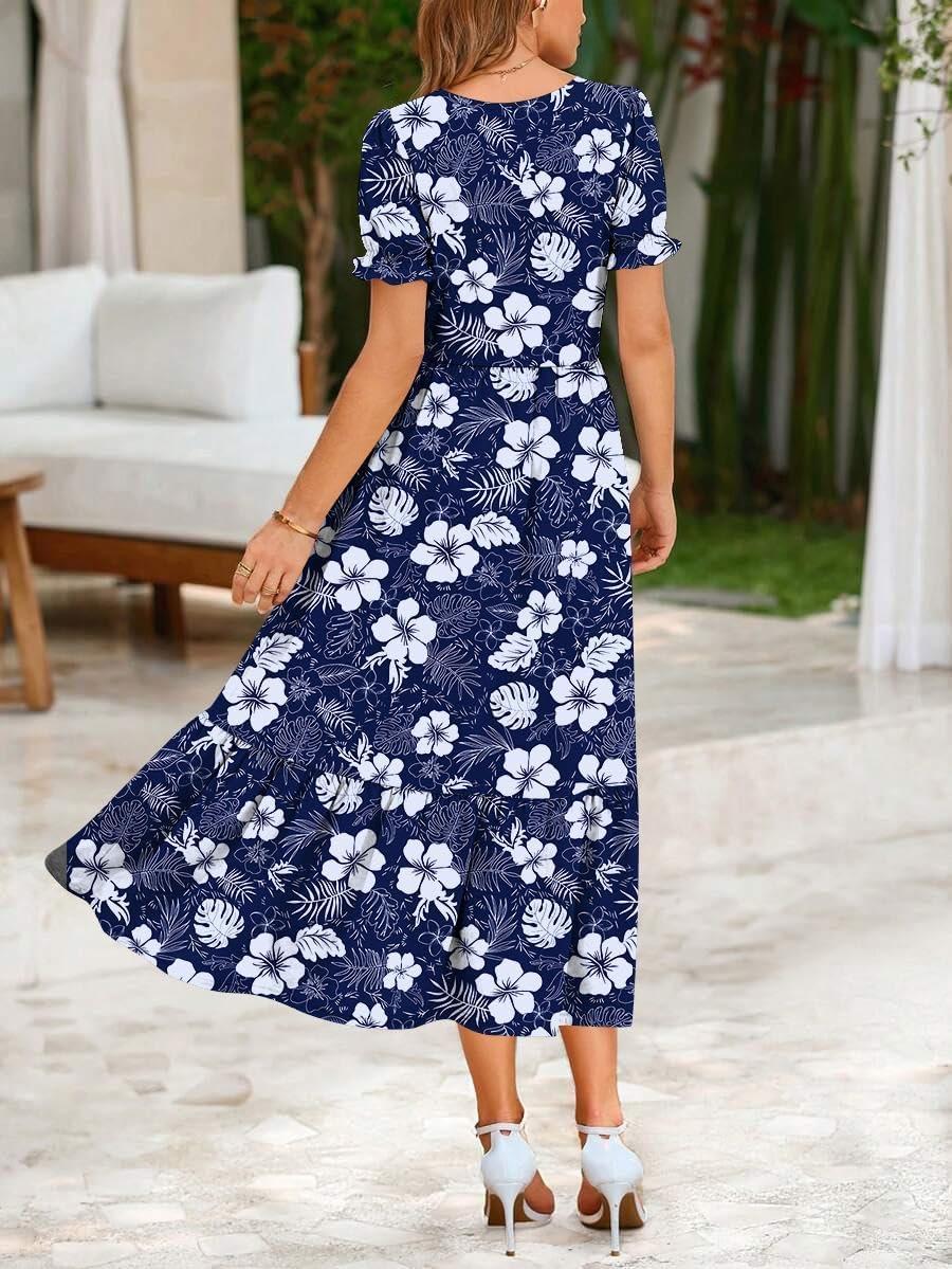 imageZeagoo Summer Dresses for Women Flowy Casual Midi Dress Short Sleeve Tiered Dress Beach Vacation Sundresses with PocketsFloralprinted