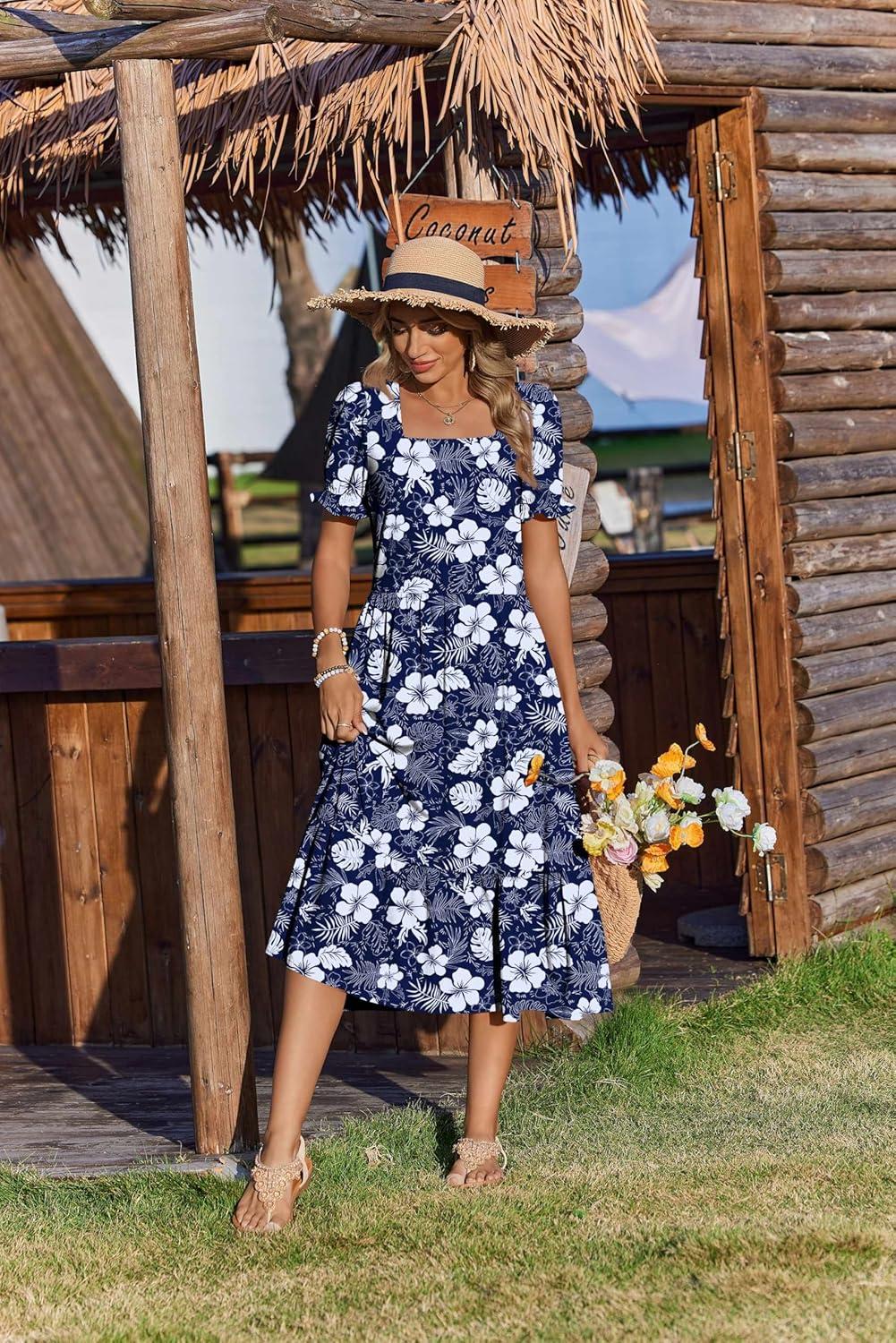 imageZeagoo Summer Dresses for Women Flowy Casual Midi Dress Short Sleeve Tiered Dress Beach Vacation Sundresses with PocketsFloralprinted