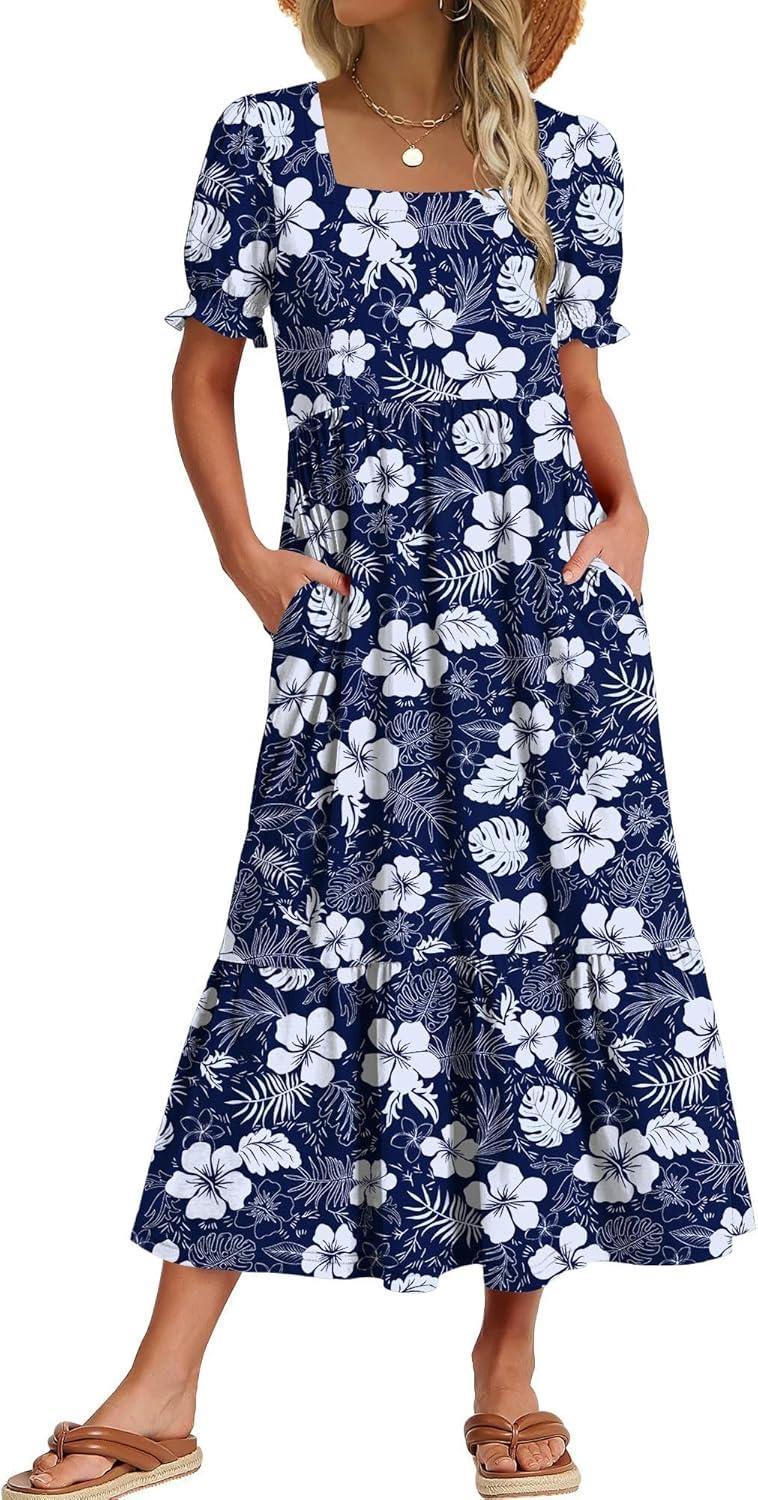 imageZeagoo Summer Dresses for Women Flowy Casual Midi Dress Short Sleeve Tiered Dress Beach Vacation Sundresses with PocketsFloralprinted