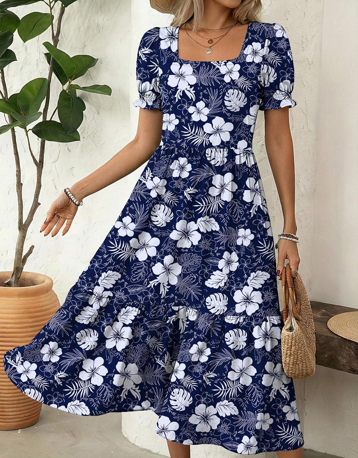 imageZeagoo Summer Dresses for Women Flowy Casual Midi Dress Short Sleeve Tiered Dress Beach Vacation Sundresses with PocketsFloralprinted