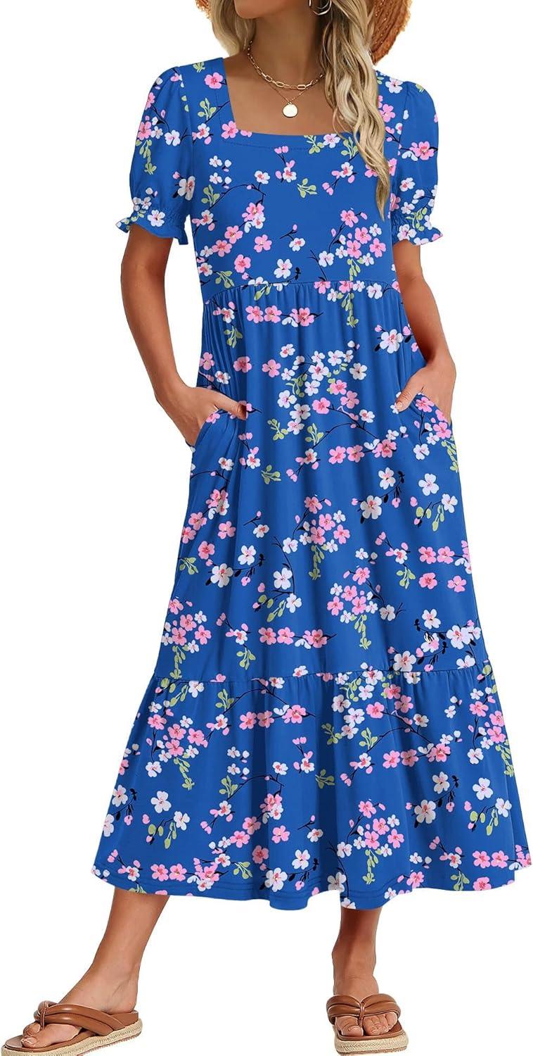 imageZeagoo Summer Dresses for Women Flowy Casual Midi Dress Short Sleeve Tiered Dress Beach Vacation Sundresses with PocketsFloralprinted2