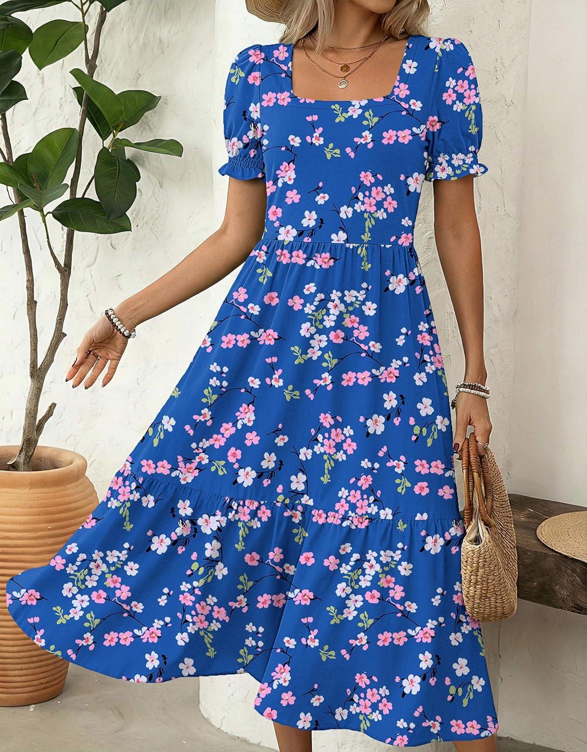 imageZeagoo Summer Dresses for Women Flowy Casual Midi Dress Short Sleeve Tiered Dress Beach Vacation Sundresses with PocketsFloralprinted2