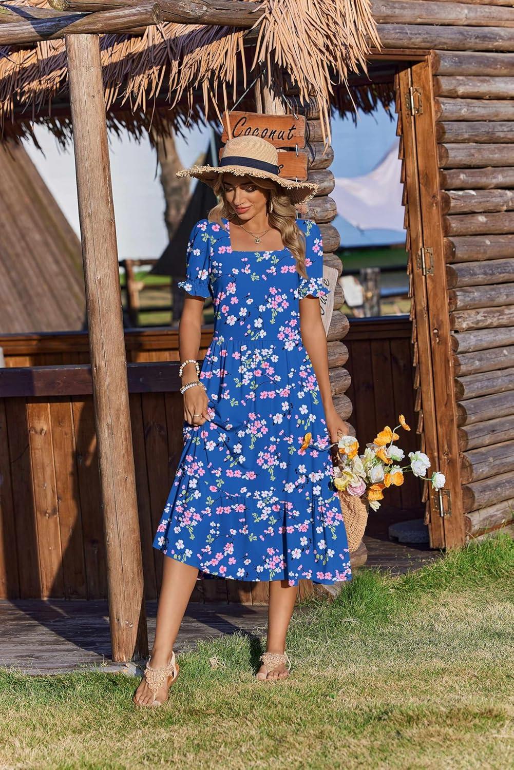 imageZeagoo Summer Dresses for Women Flowy Casual Midi Dress Short Sleeve Tiered Dress Beach Vacation Sundresses with PocketsFloralprinted2